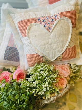 Pillow Quilt Block cushion handmade one of a kind Vintage Quilt Block Pillow with Heart Appliqué Cottagecore
