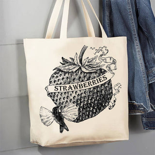 Vintage Strawberries Humming Bird Canvas Tote Bag
