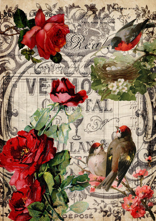 Red Roses and Birds A4 Rice Decoupage Paper for Crafting || Decoupage Queen || Washi Rice Printed Napkin || Red Roses and Birds