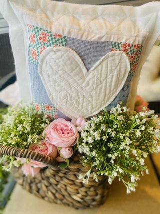 Pillow Quilt Block cushion handmade one of a kind Vintage Quilt Block Pillow with Heart Appliqué Cottagecore