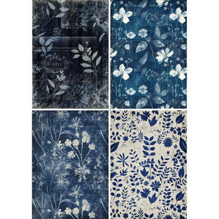 INDIGO BOTANICALS 4 designs A4 Rice Decoupage Paper for Furniture || Decoupage Queen || Washi Rice Printed Napkin || Dark Navy Blue Leaves