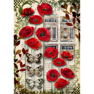 URBAN POPPIES A4 Rice Decoupage Paper for Crafting || Decoupage Queen || Washi Rice Printed Napkin || Red Floral with Butterflies