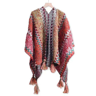 Ethnic Style Warm Shawl Cape for Women: Rose Red / 140