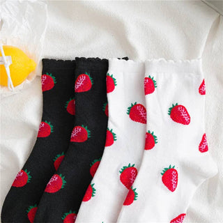 Cotton Laciness Fruit Socks for Women Preppy Style Street Fashion Soxs Female EU 36-40 Autumn and Winter Mid-Tube Sock: White