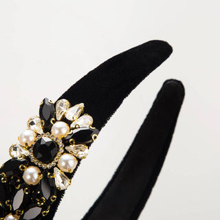 Vintage Baroque Velvet Headband with Pearl and Rhinestone Accents: White