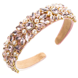 Vintage Baroque Velvet Headband with Pearl and Rhinestone Accents: White