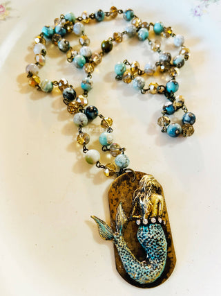 Mermaid Brass Patina Dog Tag Style Beaded Chain Necklace