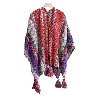 Ethnic Style Warm Shawl Cape for Women: Rose Red / 140