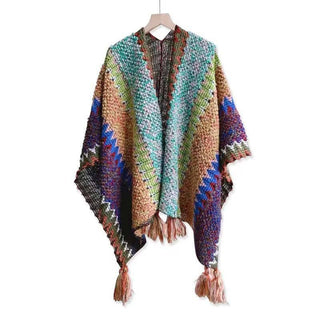 Ethnic Style Warm Shawl Cape for Women: Rose Red / 140