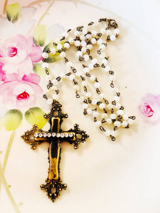 Brass Patina Filigree Rhinestone Cross Necklace