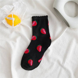 Cotton Laciness Fruit Socks for Women Preppy Style Street Fashion Soxs Female EU 36-40 Autumn and Winter Mid-Tube Sock: White