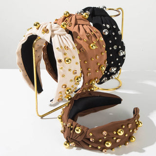 Stylish Minimalist Pearl Headband with Rhinestones: Beige