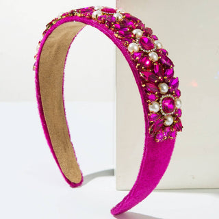 Vintage Baroque Velvet Headband with Pearl and Rhinestone Accents: White