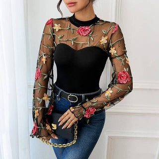 Elegant Rose Embroidered Mesh Jumpsuit for Women: Black / XL (US 12–14)