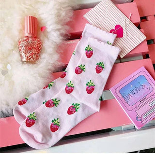 Cotton Laciness Fruit Socks for Women Preppy Style Street Fashion Soxs Female EU 36-40 Autumn and Winter Mid-Tube Sock: White