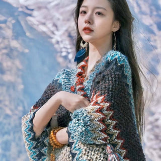 Ethnic Style Warm Shawl Cape for Women: Orange Pink / 140