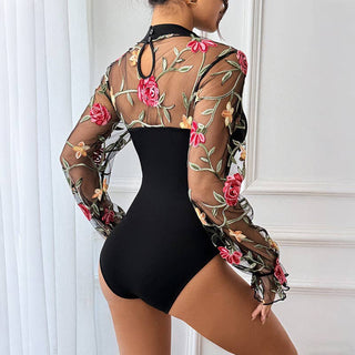 Elegant Rose Embroidered Mesh Jumpsuit for Women: Black / XL (US 12–14)
