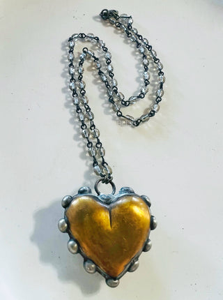 Bold Brass Soldered Heart Beaded Chain Necklace