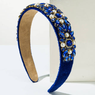 Vintage Baroque Velvet Headband with Pearl and Rhinestone Accents: White
