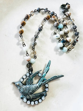 Fly Away Sparrow Bird Beaded Chain Necklace