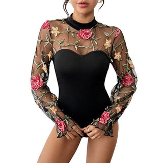 Elegant Rose Embroidered Mesh Jumpsuit for Women: Black / XL (US 12–14)