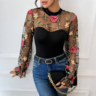 Elegant Rose Embroidered Mesh Jumpsuit for Women: Black / XL (US 12–14)