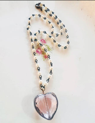 Soldered Pink Mini Glass Heart Pearl Chain Necklace