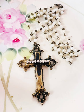 Brass Patina Filigree Rhinestone Cross Necklace