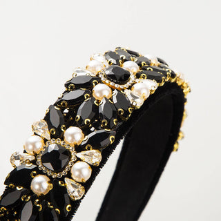 Vintage Baroque Velvet Headband with Pearl and Rhinestone Accents: White