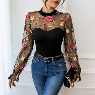 Elegant Rose Embroidered Mesh Jumpsuit for Women: Black / XL (US 12–14)