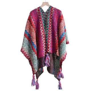 Ethnic Style Warm Shawl Cape for Women: Rose Red / 140
