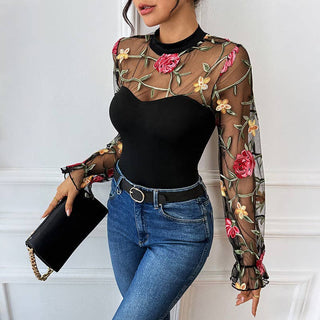 Elegant Rose Embroidered Mesh Jumpsuit for Women: Black / XL (US 12–14)