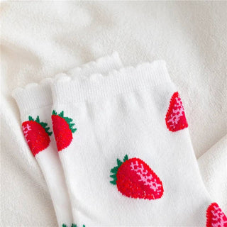 Cotton Laciness Fruit Socks for Women Preppy Style Street Fashion Soxs Female EU 36-40 Autumn and Winter Mid-Tube Sock: White