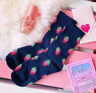 Cotton Laciness Fruit Socks for Women Preppy Style Street Fashion Soxs Female EU 36-40 Autumn and Winter Mid-Tube Sock: White