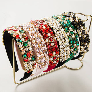 Vintage Baroque Velvet Headband with Pearl and Rhinestone Accents: White