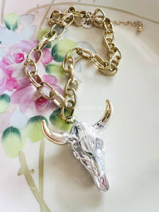 Silver Steer Head Gold Color Block Chain Necklace