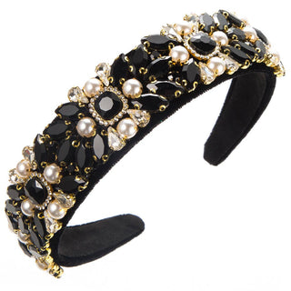 Vintage Baroque Velvet Headband with Pearl and Rhinestone Accents: White