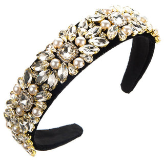 Vintage Baroque Velvet Headband with Pearl and Rhinestone Accents: White