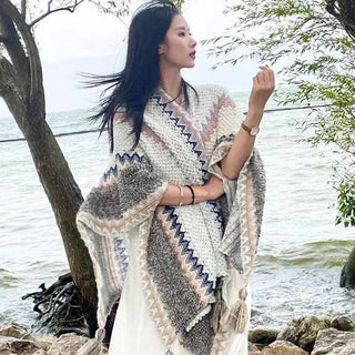 Ethnic Style Warm Shawl Cape for Women: Rose Red / 140