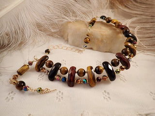 Bonnie TalPalace Tiger Eye golden red and blue beads, Metallic Crystals, Gold filled wire