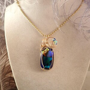 Bonnie TalPalaace Dichroic Glass Colorful Pendant wrapped in Gold Filled Wire and Includes a 17 1/2 Inch Gold Rope Chain