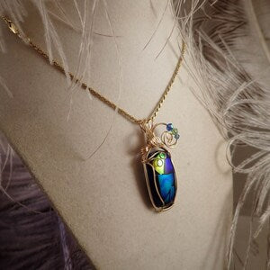 Bonnie TalPalaace Dichroic Glass Colorful Pendant wrapped in Gold Filled Wire and Includes a 17 1/2 Inch Gold Rope Chain