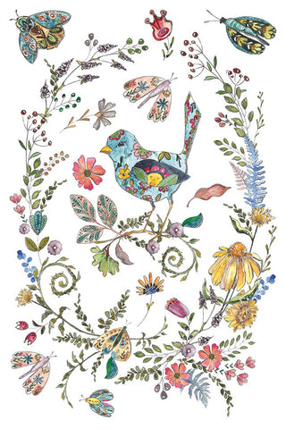 Fern Fables IOD Summer Transfer 8x12 watercolor botanical folk art, the set features birds, botanical Whimsical Mixed Media Craft Art Junk Journal
