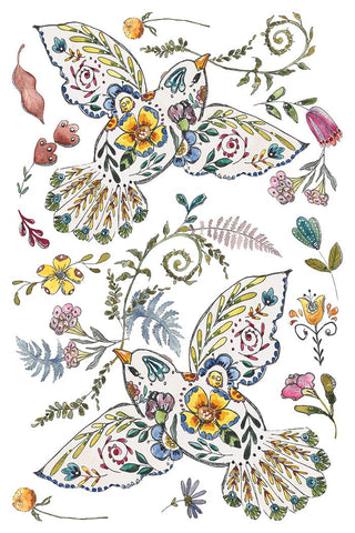 Fern Fables IOD Summer Transfer 8x12 watercolor botanical folk art, the set features birds, botanical Whimsical Mixed Media Craft Art Junk Journal