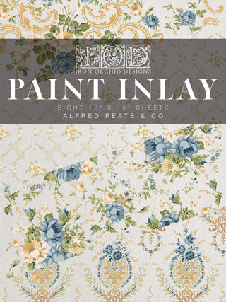 IOD Alfred Peats & Co Paint Inlay Collection Transfer sheets limited Release of vintage wallpaper designs French Blues Yellows Green Floral