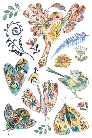 Fern Fables IOD Summer Transfer 8x12 watercolor botanical folk art, the set features birds, botanical Whimsical Mixed Media Craft Art Junk Journal