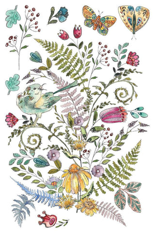 Fern Fables IOD Summer Transfer 8x12 watercolor botanical folk art, the set features birds, botanical Whimsical Mixed Media Craft Art Junk Journal