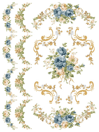 IOD Alfred Peats & Co Paint Inlay Collection Transfer sheets limited Release of vintage wallpaper designs French Blues Yellows Green Floral