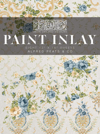 IOD Alfred Peats & Co Paint Inlay Collection Transfer sheets limited Release of vintage wallpaper designs French Blues Yellows Green Floral