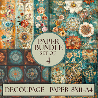 Boho Decoupage Bundle Set 4 Papers A4 SIZE Boho Kantha,Boho Drama, Mosaico, Backgrounds 4 sheets of decoupage sheets